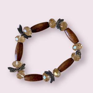 Wood Bead Bracelet with Silver Dragonfly Charms and Amber Crystals